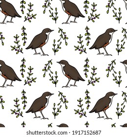 Vector seamless pattern with hand drawn sweet birds in green leafy laurel made with ink. Beautiful animal design elements, perfect for prints and patterns