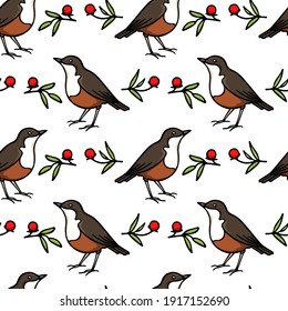 Vector seamless pattern with hand drawn sweet birds with red berries twigs made with ink. Beautiful animal design elements, perfect for prints and patterns