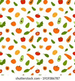 Vector seamless pattern with hand drawn cartoon veggies and fruit