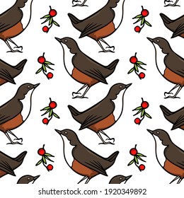 Vector seamless pattern with hand drawn sweet birds with red berries twigs made with ink. Beautiful animal design elements, perfect for prints and patterns