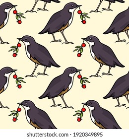 Vector seamless pattern with hand drawn sweet birds with red berries twigs made with ink. Beautiful animal design elements, perfect for prints and patterns