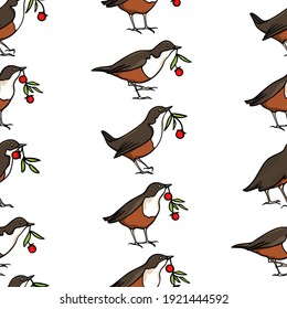 Vector seamless pattern with hand drawn sweet birds with red berries twigs made with ink. Beautiful animal design elements, perfect for prints and patterns