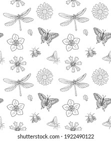 Vector seamless pattern of hand drawn doodle sketch insects and flowers isolated on white background