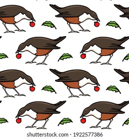 Vector seamless pattern with hand drawn sweet birds with red berries twigs and green leaves made with ink. Beautiful animal design elements, perfect for prints and patterns