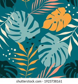 vector seamless pattern with hand drawn tropical ornament, palm leaves, monstera leaves in green tones. jungle pattern. trend flat pattern for printing on fabric. clothes, wrapping paper