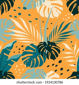 vector seamless pattern with hand drawn tropical ornament, palm leaves on yellow background. jungle pattern. trend flat pattern for printing on fabric. clothes, wrapping paper