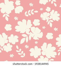 vector seamless pattern with hand drawn silhouettes of white flowers on a gentle pink background. wedding pattern, floral pattern for printing on fabric, clothing, wrapping paper