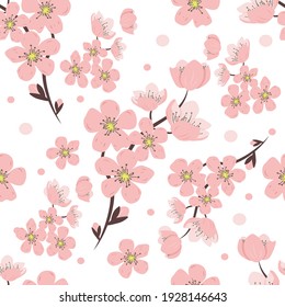 vector seamless pattern with hand drawn twigs and sakura flowers on a white background. Cherry blossoms. wedding pattern, floral pattern for printing on fabric, clothing, wrapping paper