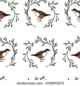 Vector seamless pattern with hand drawn sweet birds in graceful floral wreath made with ink. Beautiful animal design elements, perfect for prints and patterns