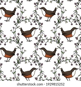 Vector seamless pattern with hand drawn sweet birds in graceful floral wreath made with ink. Beautiful animal design elements, perfect for prints and patterns