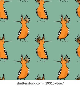 Vector seamless pattern with hand drawn sweet Hoopoes. Ink drawing, graphic style. Beautiful animal design elements, perfect for prints and patterns