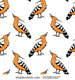 Vector seamless pattern with hand drawn sweet Hoopoes. Ink drawing, graphic style. Beautiful animal design elements, perfect for prints and patterns