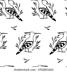 Vector seamless pattern with hand drawn sweet Hoopoes with plant twigs. Ink drawing, graphic style. Beautiful animal design elements, perfect for prints and patterns