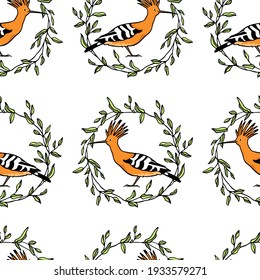 Vector seamless pattern with hand drawn sweet Hoopoes in floral wreath. Ink drawing, graphic style. Beautiful animal design elements, perfect for prints and patterns