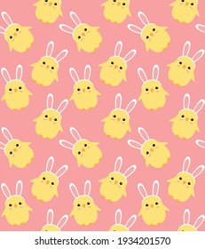 Vector seamless pattern of hand drawn doodle flat easter chick with rabbit ears isolated on pink background