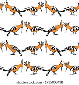 Vector seamless pattern with hand drawn sweet Hoopoes. Ink drawing, graphic style. Beautiful animal design elements, perfect for prints and patterns