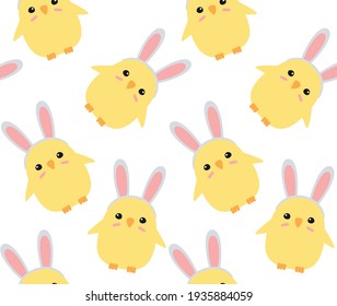 Vector seamless pattern of hand drawn doodle flat easter chick with rabbit ears isolated on white background
