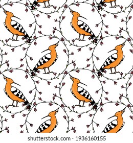 Vector seamless pattern with hand drawn sweet Hoopoes in floral wreath. Ink drawing, graphic style. Beautiful animal design elements, perfect for prints and patterns