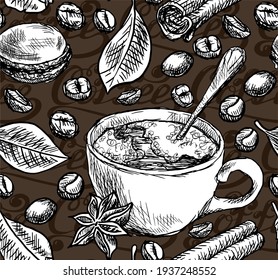 Vector seamless pattern with hand drawn ingredients for delicious coffee and tea. Mug with a drink and a spoon, macaroon cookies, cloves, cinnamon, coffee grains are hand drawn in ink.