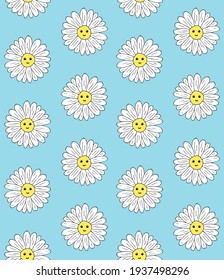 Vector Seamless Pattern Of Hand Drawn Doodle Sketch Daisy Chamomile Flower With Face Isolated On Blue Background