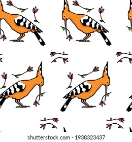 Vector seamless pattern with hand drawn sweet Hoopoes with flower twigs. Ink drawing, graphic style. Beautiful animal design elements, perfect for prints and patterns