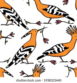 Vector seamless pattern with hand drawn sweet Hoopoes with flower twigs. Ink drawing, graphic style. Beautiful animal design elements, perfect for prints and patterns