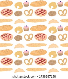 Vector seamless pattern of hand drawn doodle sketch colored bakery bread and buns isolated on white background