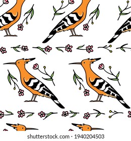 Vector seamless pattern with hand drawn sweet Hoopoes with flower twigs. Ink drawing, graphic style. Beautiful animal design elements, perfect for prints and patterns