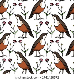 Vector seamless pattern with hand drawn sweet birds with flower twigs made with ink. Beautiful animal design elements, perfect for prints and patterns