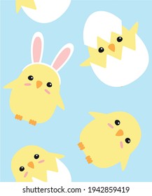 Vector seamless pattern of hand drawn flat doodle easter chicks isolated on blue background