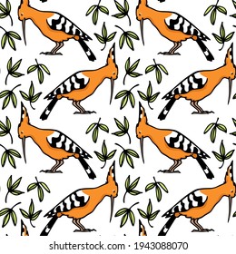 Vector seamless pattern with hand drawn sweet Hoopoes with green leaves. Ink drawing, graphic style. Beautiful animal design elements, perfect for prints and patterns