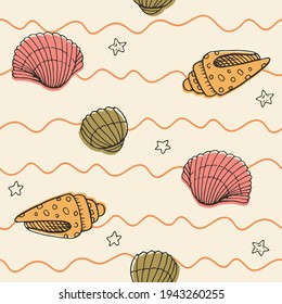 Vector seamless pattern with hand drawn scallop seashells, sea elements and stars. Beautiful marine design, perfect for prints and patterns, textile, fabric, children background