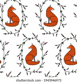 Vector seamless pattern with hand drawn sweet red foxes in graceful floral wreath. Beautiful animals design elements, ink drawing. Perfect for prints and patterns