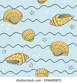 Vector seamless pattern with hand drawn scallop seashells, sea elements and stars. Beautiful marine design, perfect for prints and patterns, textile, fabric, children background