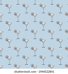 Vector seamless pattern with hand drawn cocktail on blue background for textile, notebooks, scrapbooks, print, clothes, wallpaper, textile