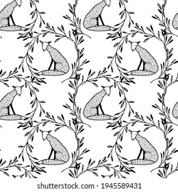 Vector seamless pattern with hand drawn sweet foxes in floral wreath. Beautiful animals design elements, ink drawing made in cartoonish style. Perfect for prints and patterns