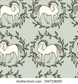 Vector seamless pattern with hand drawn graceful white horses in leafy floral wreath. Beautiful ink drawing, animal illustration. Perfect for prints and patterns