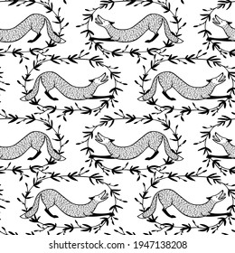 Vector seamless pattern with hand drawn sweet foxes in floral wreath. Beautiful animals design elements, ink drawing made in cartoonish style. Perfect for prints and patterns