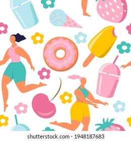 vector seamless pattern with hand drawn ice cream, cute girls, rainbow, flowers, strawberries and donuts. summer background. bright trend illustration in flat style