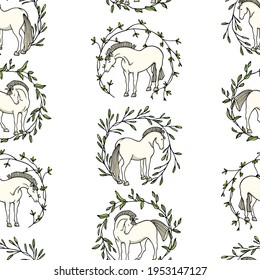 Vector seamless pattern with hand drawn graceful white horses in leafy floral wreath. Beautiful ink drawing, animal illustration. Perfect for prints and patterns