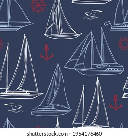 Vector seamless pattern with hand drawn yachts.