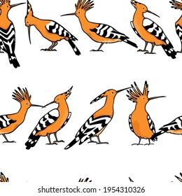 Vector seamless pattern with hand drawn sweet Hoopoes. Ink drawing, graphic style. Beautiful animal design elements, perfect for prints and patterns
