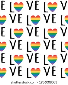 Vector seamless pattern of hand drawn doodle sketch lgbt pride rainbow love lettering isolated on white background