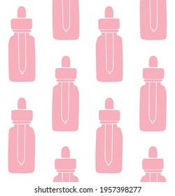 Vector seamless pattern of hand drawn doodle sketch pink oil essence bottle isolated on white background