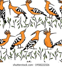 Vector seamless pattern with hand drawn sweet Hoopoes with green leafy  borders. Ink drawing, graphic style. Beautiful animal design elements, perfect for prints and patterns