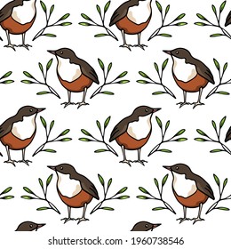 Vector seamless pattern with hand drawn sweet birds in graceful leafy wreath made with ink. Beautiful animal design elements, perfect for prints and patterns