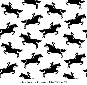 Vector seamless pattern of hand drawn girl woman riding show jumping horse silhouette isolated on white background