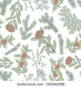 Vector  seamless pattern with hand drawn Christmas plants