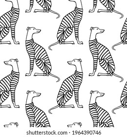 Vector seamless pattern with hand drawn cute whippets in a stripe sweet pyjamas. Beautiful design elements, ink drawing, funny illustration. Perfect for prints and patterns