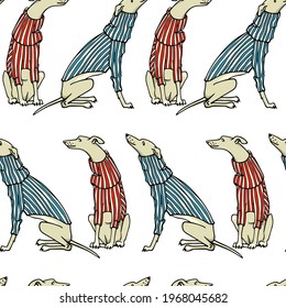 Vector seamless pattern with hand drawn cute whippets in warm knitted sweaters. Beautiful design elements, ink drawing, funny illustration. Perfect for prints and patterns